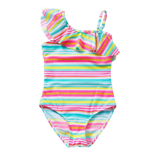 Little Girls Rainbow Stripe Strap Ruffle Shoulder One Piece Swimsuit