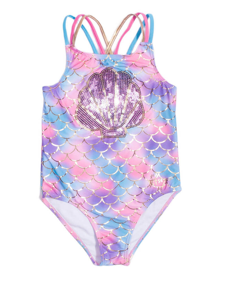 Sequined Shell Mermaid Fish Scale Print Pink Girls One Piece Swimsuit