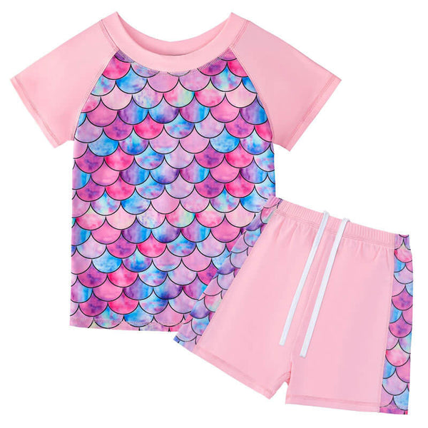 Girls Mermaid Print Short Sleeve Rashguard Boyshort 2-Piece Swimsuit