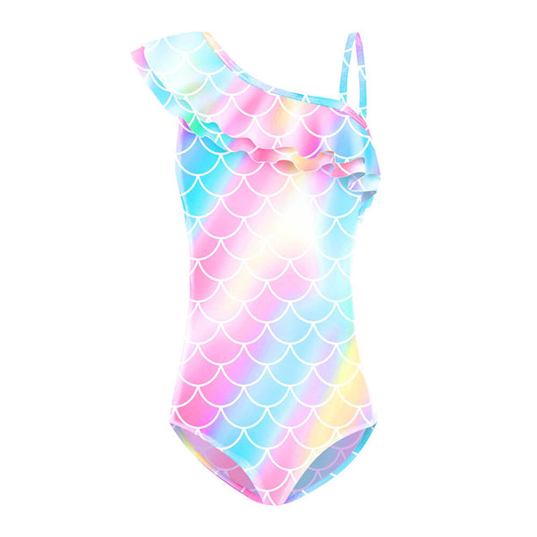 Girls Rainbow Mermaid Prints Ruffle One Shoulder One Piece Swimsuit